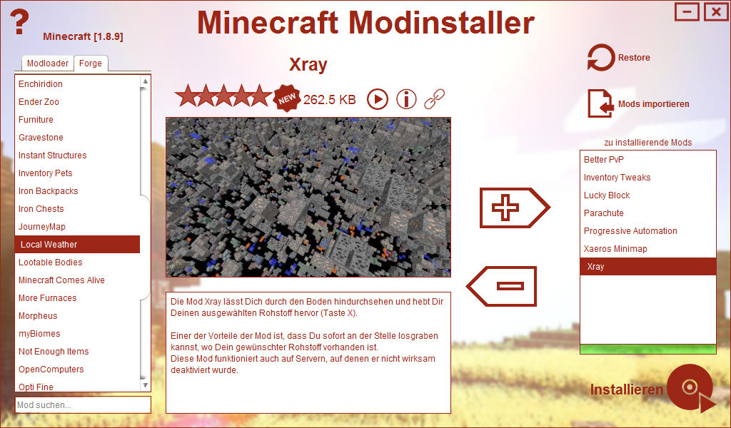 Minecraft Modinstaller Hauptmenü